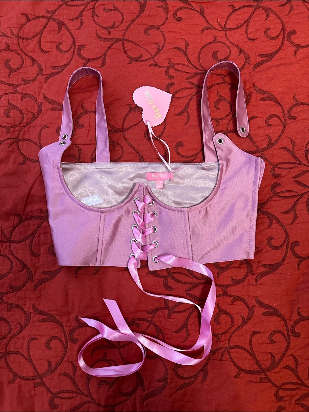 Sugar Thrillz Lavender Satin Lace-Up Crop Bralette